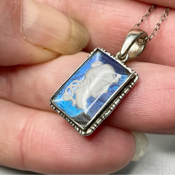 Antique Deco Sterling Butterfly Wing Cameo Necklace England - Picture 8 of 10